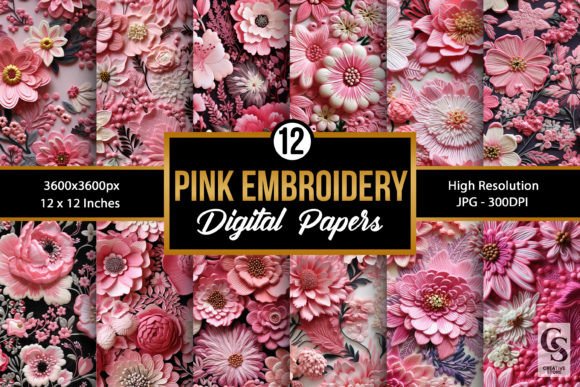 Pink Floral Embroidery Digital Papers for Branded Merch